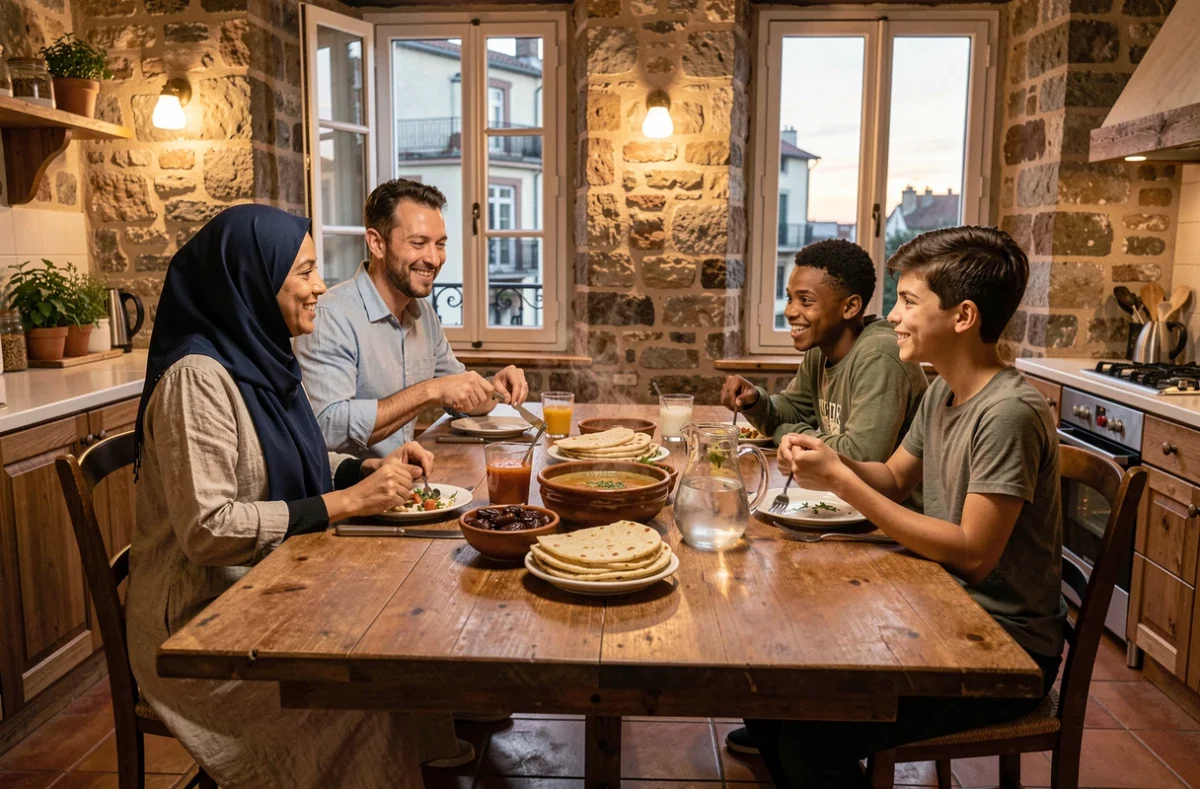 Famille franco-algérienne réunie autour d'un repas d'iftar dans un appartement lyonnais pendant le Ramadan 2026