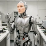 Robot androïde humanoïde avec peau synthétique et structure mécanique apparente dans un laboratoire de recherche