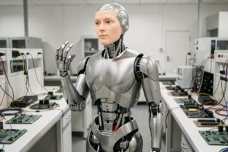 Robot androïde humanoïde avec peau synthétique et structure mécanique apparente dans un laboratoire de recherche