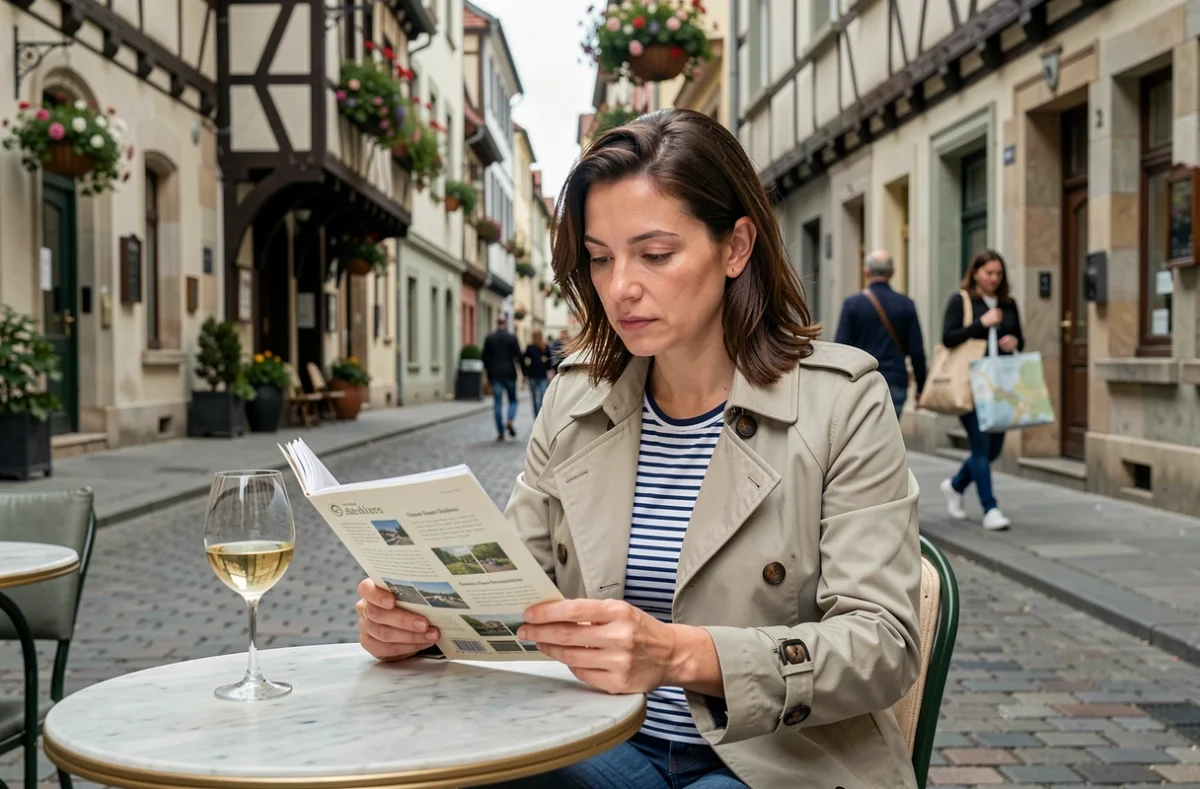 Femme consultant un guide de sorties en Alsace depuis une terrasse de café à Strasbourg