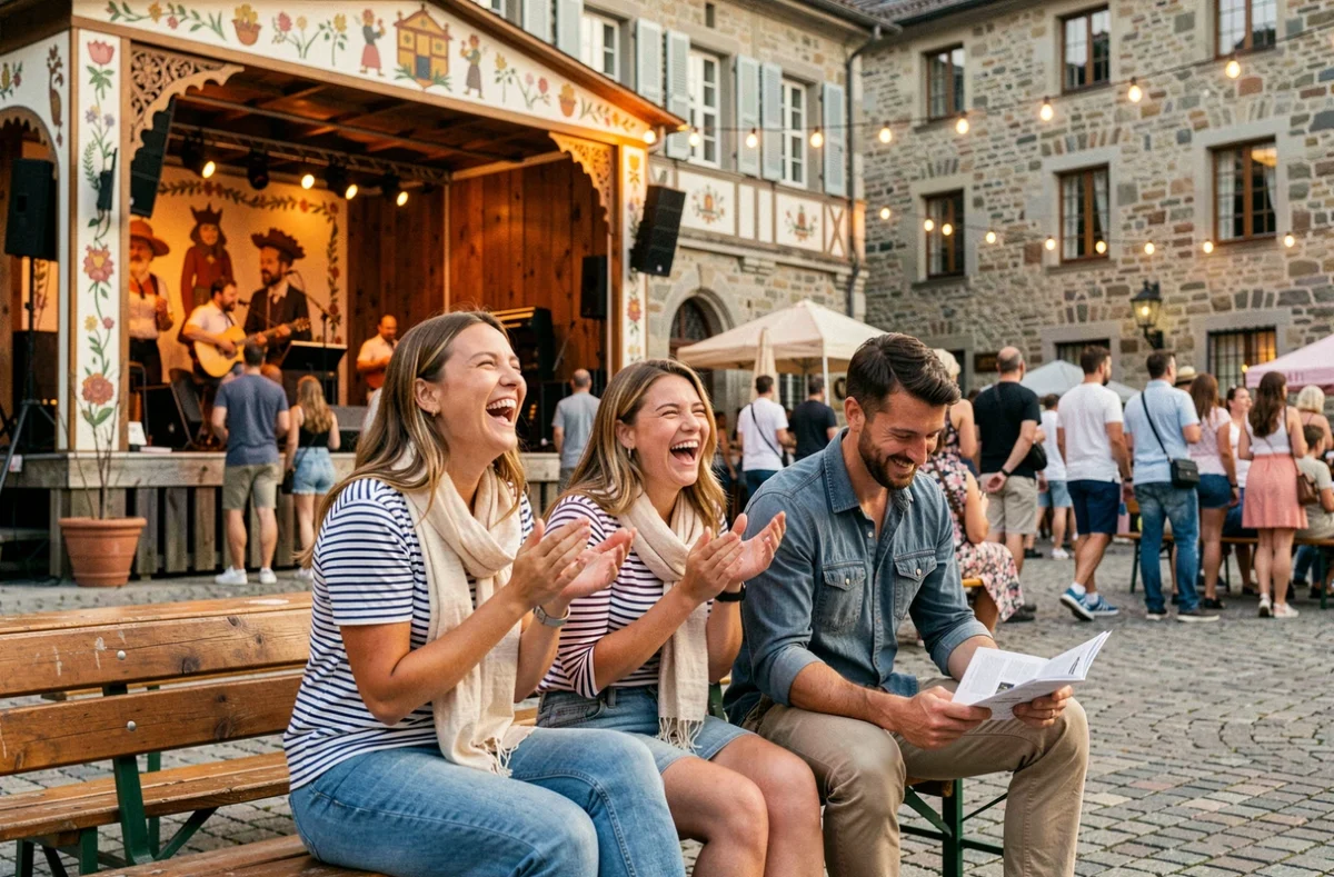 Groupe d'amis profitant d'un festival de musique folklorique en plein air en Alsace