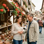 Couple découvrant un marché artisanal alsacien en plein air lors d'une sortie en Alsace