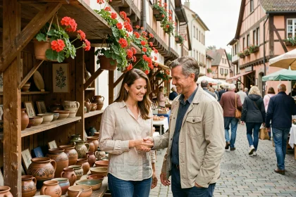Couple découvrant un marché artisanal alsacien en plein air lors d'une sortie en Alsace