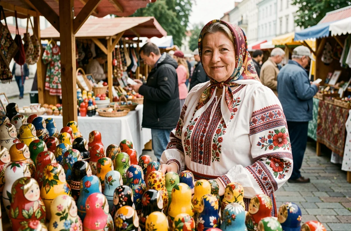 Vendeuse en tenue traditionnelle russe présentant des poupées matriochkas peintes à la main sur un étal de marché artisanal en plein air