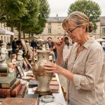 Femme examinant un vase ancien lors d'un vide grenier en plein air dans les Yvelines