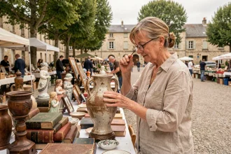 Femme examinant un vase ancien lors d'un vide grenier en plein air dans les Yvelines