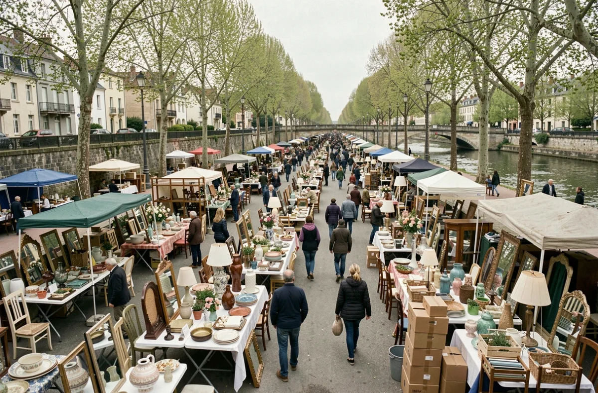 Vue panoramique d'un grand vide grenier en bord de rivière dans les Yvelines au printemps