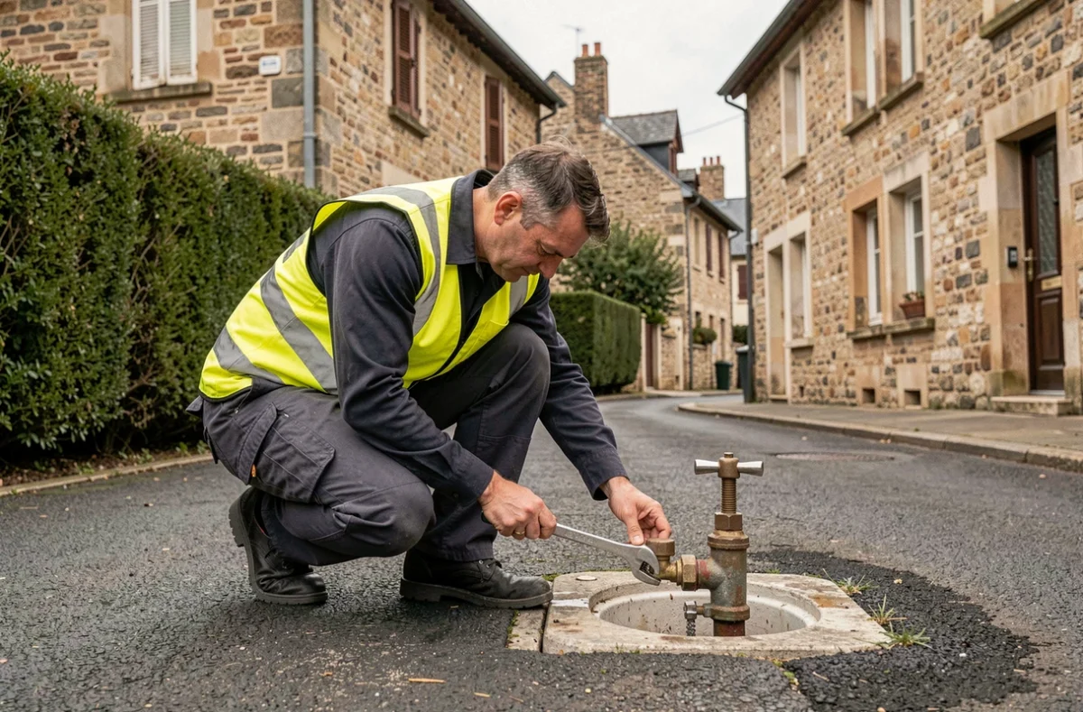 Plombier dépanneur ADPR intervenant sur un compteur d'eau dans une rue résidentielle de Bourgogne