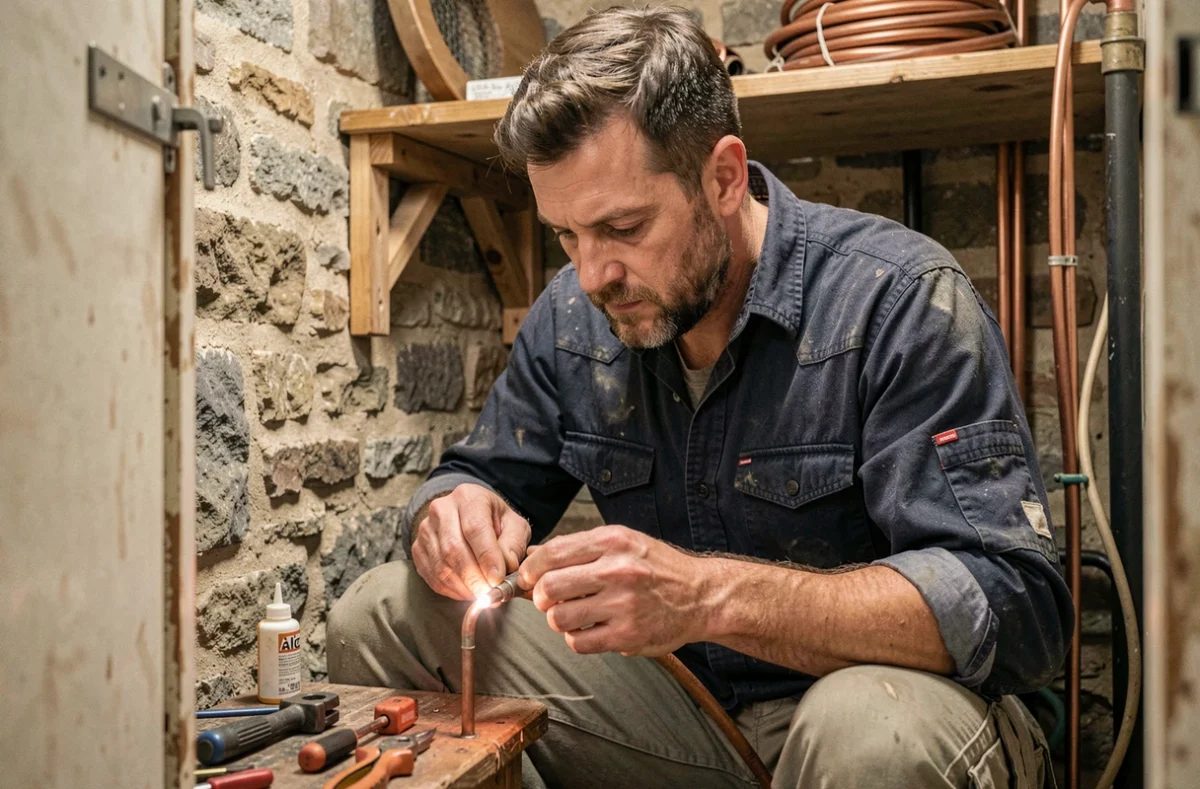 Artisan plombier Alcorta Mickael soudant un raccord en cuivre dans une maison ancienne de Franche-Comté