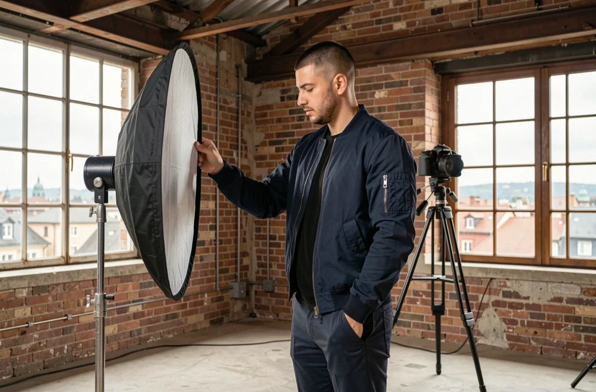 Baptiste Music, photographe portrait en Isère, préparant une séance photo dans un loft industriel avec briques apparentes à Grenoble
