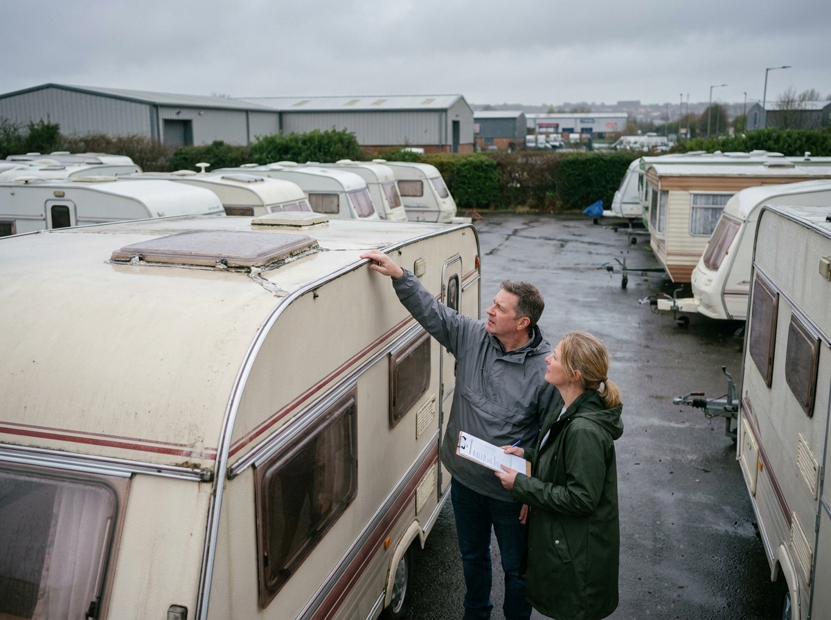 Couple vérifiant une checklist lors de l'achat d'une caravane d'occasion dans un parc de vente en Bretagne