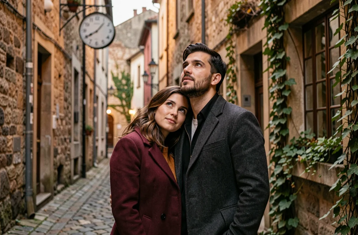 Couple amoureux dans une ruelle européenne devant une horloge affichant 14h41, illustrant la signification spirituelle de cette heure miroir en relation