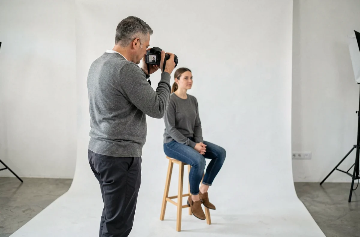 CS Photo, studio de photographie portrait en Isère, photographe guidant un sujet féminin lors d'une séance en studio moderne à Grenoble