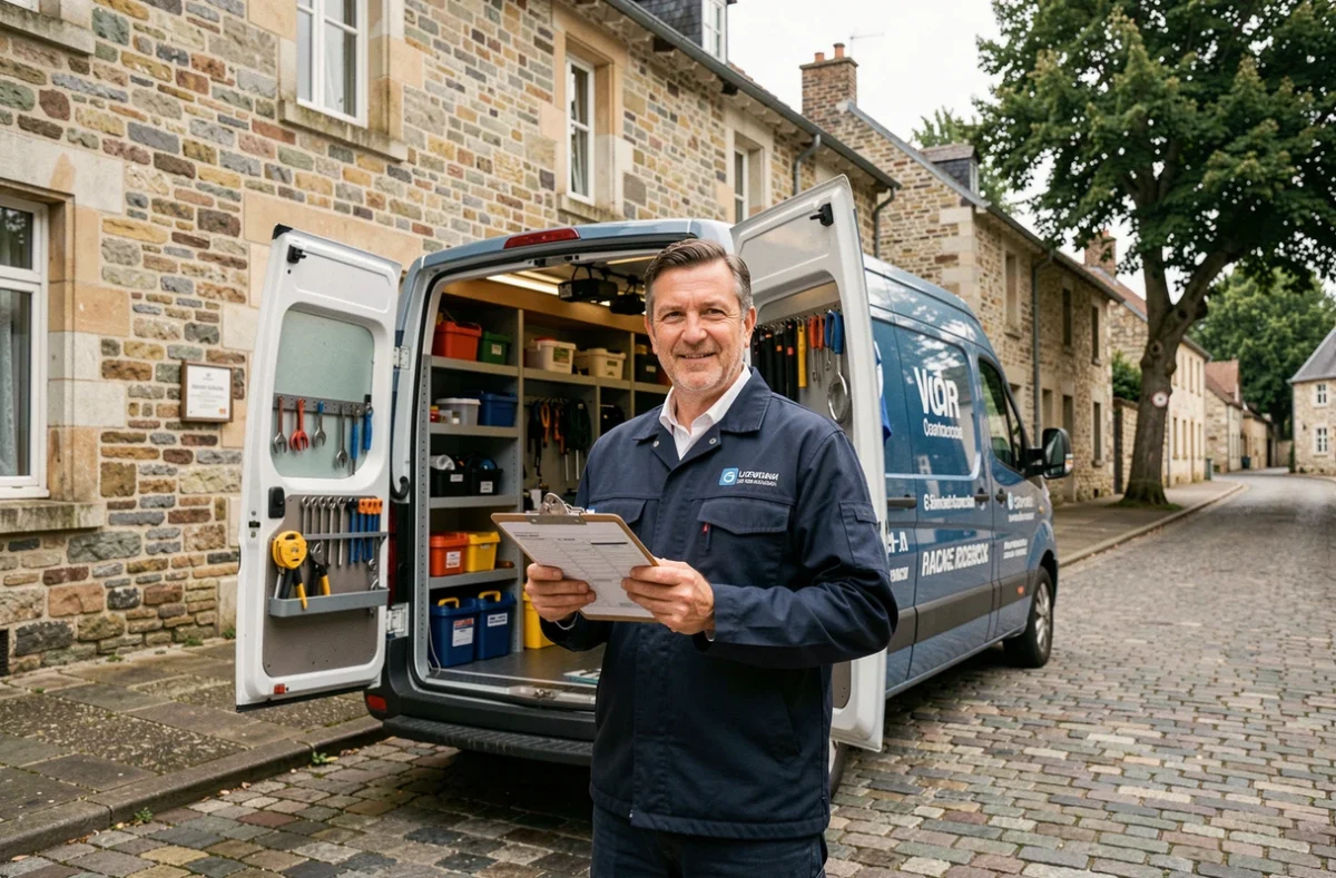 Technicien EBJ Plomberie Chauffage devant son camion équipé devant un bâtiment en pierre de Franche-Comté