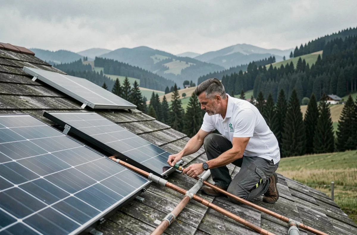 Technicien Eco Evolution 39 connectant des panneaux solaires thermiques sur un toit dans le Jura