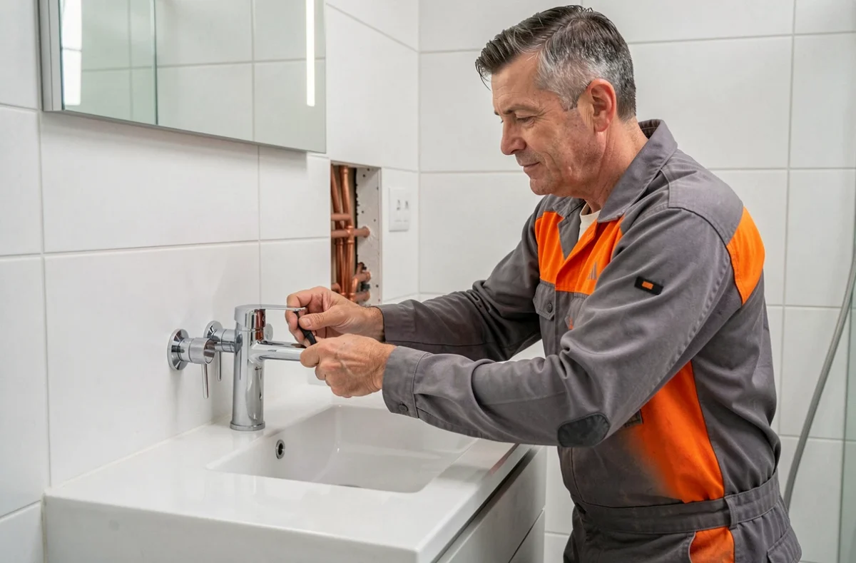 Plombier Entreprise Comte posant un robinet chromé sur un lavabo dans une salle de bain rénovée en Franche-Comté