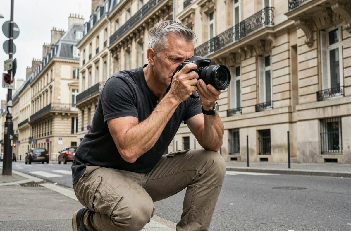 Erik P., photographe portrait en Essonne, en plein travail dans un cadre urbain de la région