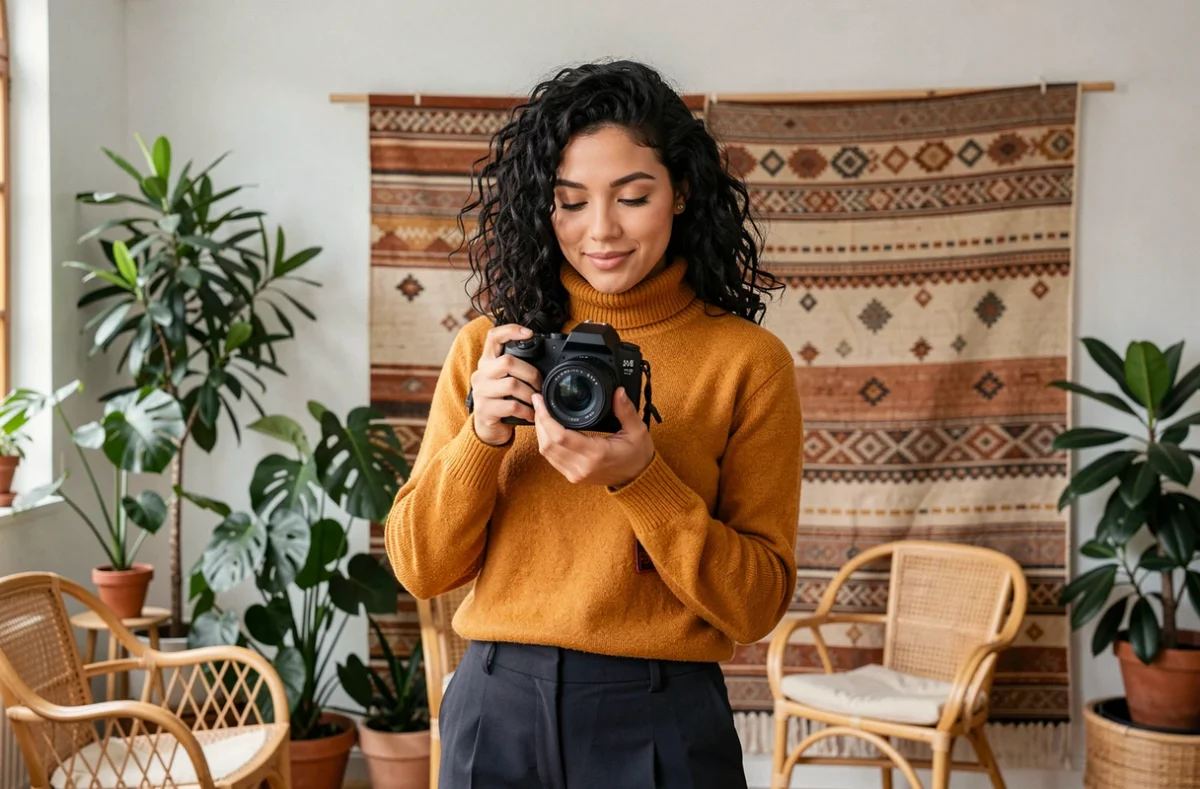 Esther Karanga-Ouattara, photographe portrait en Isère, tenant son appareil photo dans un studio lumineux décoré de plantes et de textiles à Grenoble