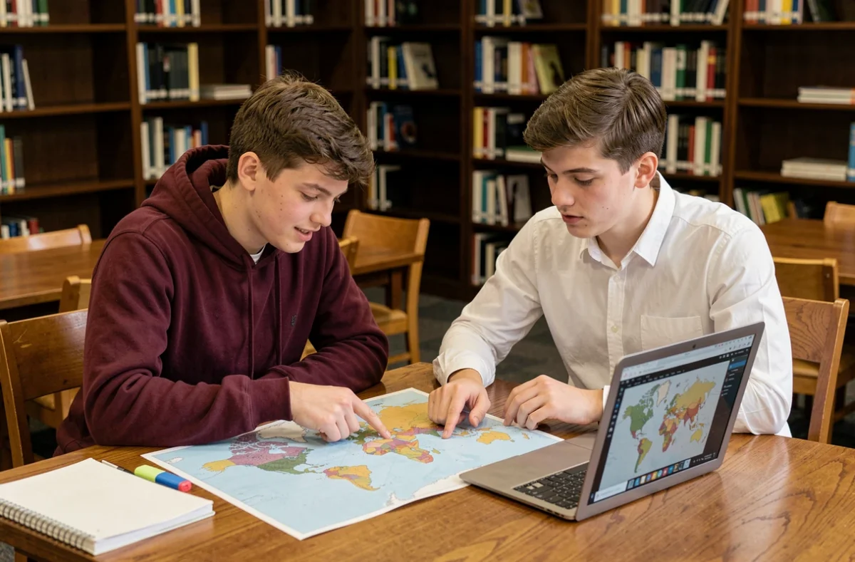 Deux étudiants comparant une carte du monde vierge papier et une version numérique interactive en bibliothèque