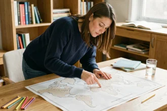 Femme traçant les contours d'une carte du monde vierge sur un bureau en bois dans un bureau à domicile