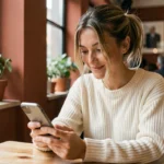 Femme contemplative dans un café regardant son téléphone avec le numéro 14h41, symbole de la signification de cette heure miroir en amour