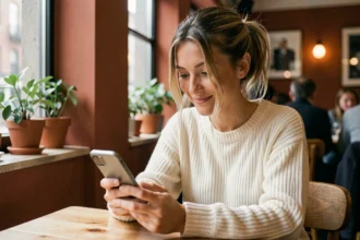 Femme contemplative dans un café regardant son téléphone avec le numéro 14h41, symbole de la signification de cette heure miroir en amour