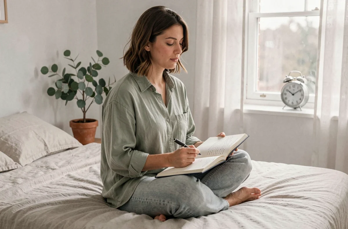 Femme écrivant dans un journal près d'une horloge affichant 14h41, symbolisant la réflexion sur la signification de cette heure miroir en amour