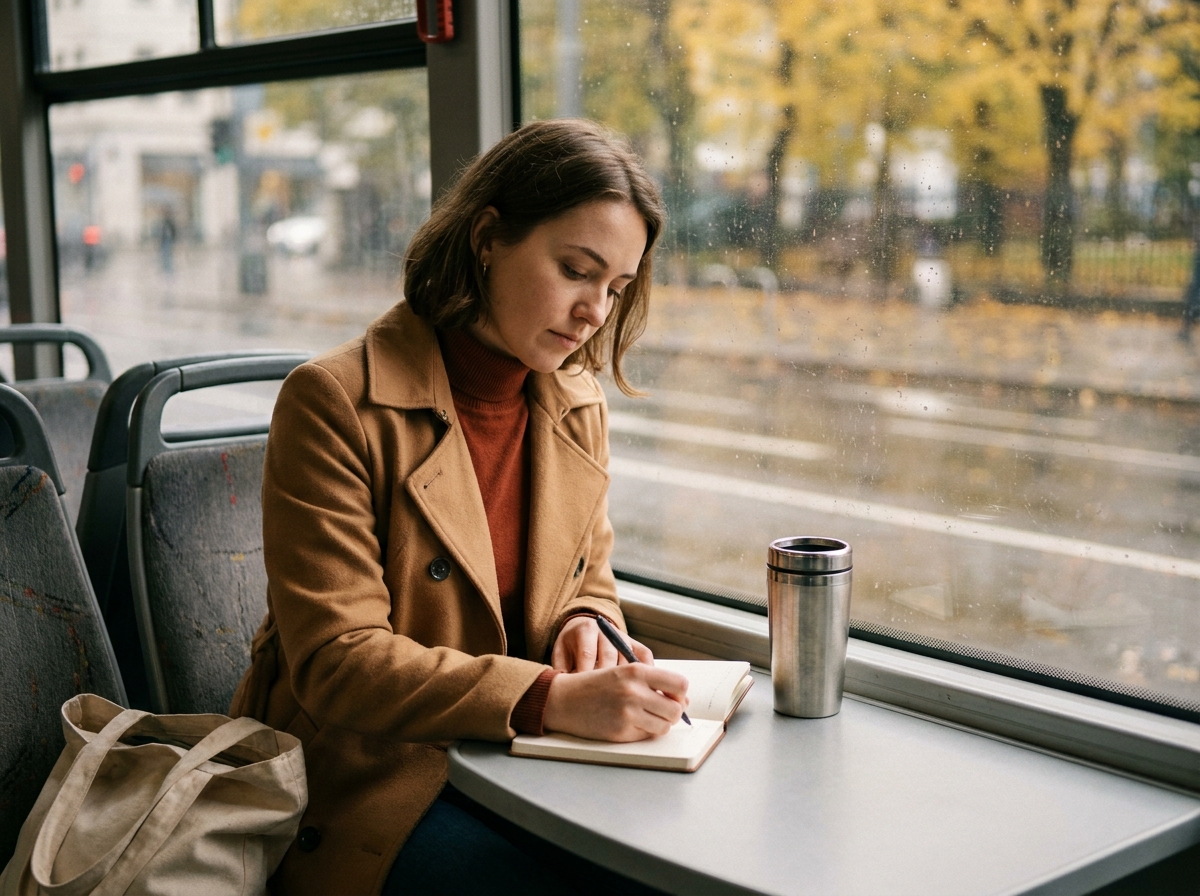 Jeune femme écrivant dans un carnet dans le bus, utilisant son temps de transport pour la créativité et la réflexion personnelle