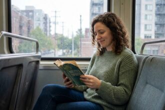Femme lisant un livre dans un train pendant son trajet quotidien, profitant de son temps de transport pour se détendre