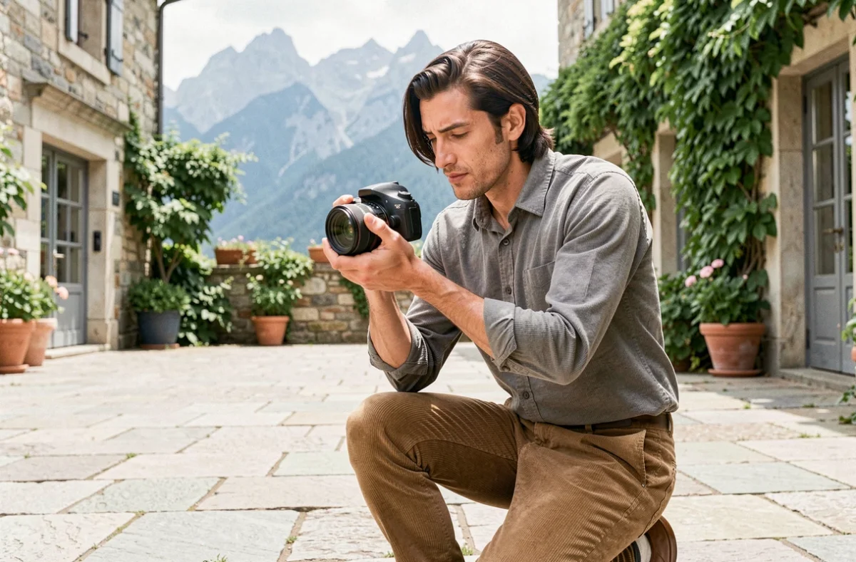 Florian Music-Music, photographe portrait en Isère, photographiant un sujet dans une cour intérieure pavée avec vue sur les sommets de Belledonne