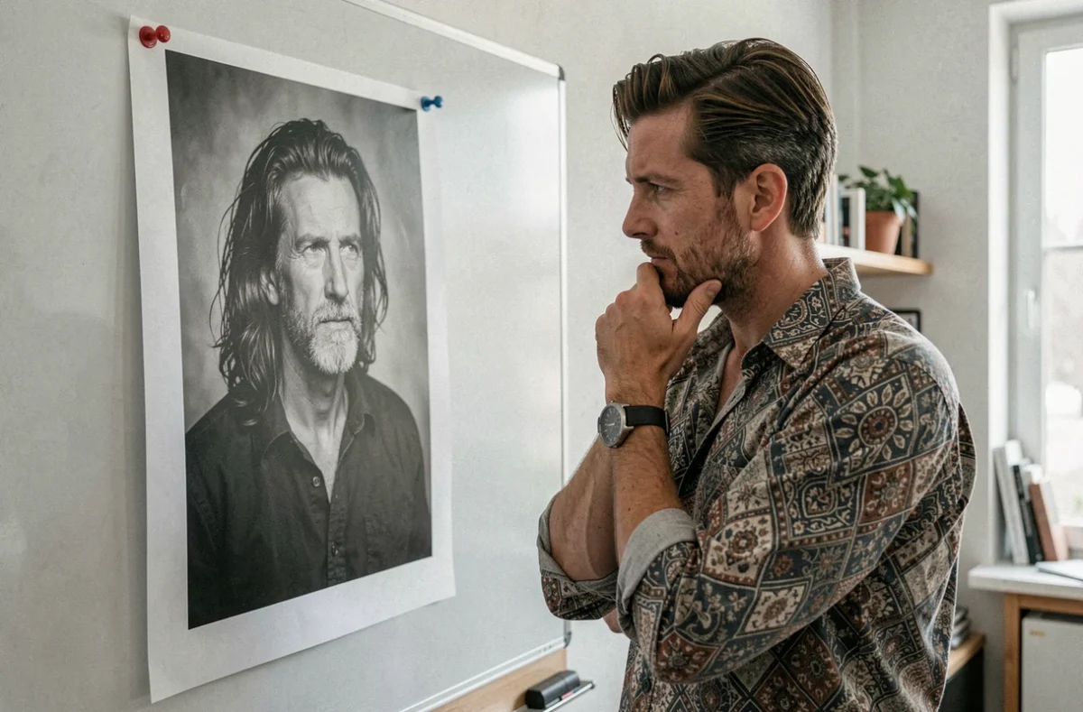Gensonnie, photographe portrait en Essonne, analysant un tirage dans un atelier créatif moderne