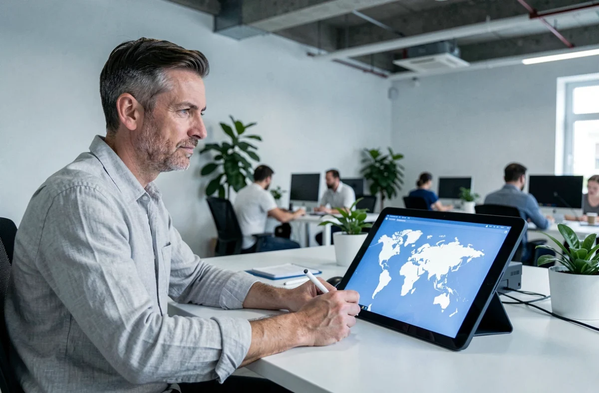 Homme utilisant une carte du monde interactive sur tablette dans un bureau moderne et lumineux