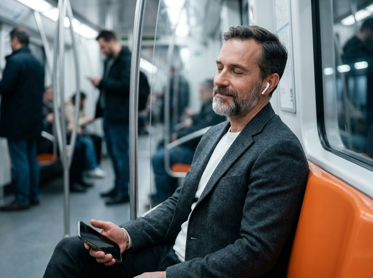 Homme se relaxant dans le métro avec des écouteurs sans fil, transformant son trajet en moment de bien-être personnel