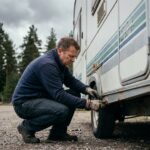Homme inspectant le châssis d'une caravane d'occasion dans un terrain de vente en Bretagne
