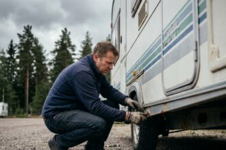 Homme inspectant le châssis d'une caravane d'occasion dans un terrain de vente en Bretagne
