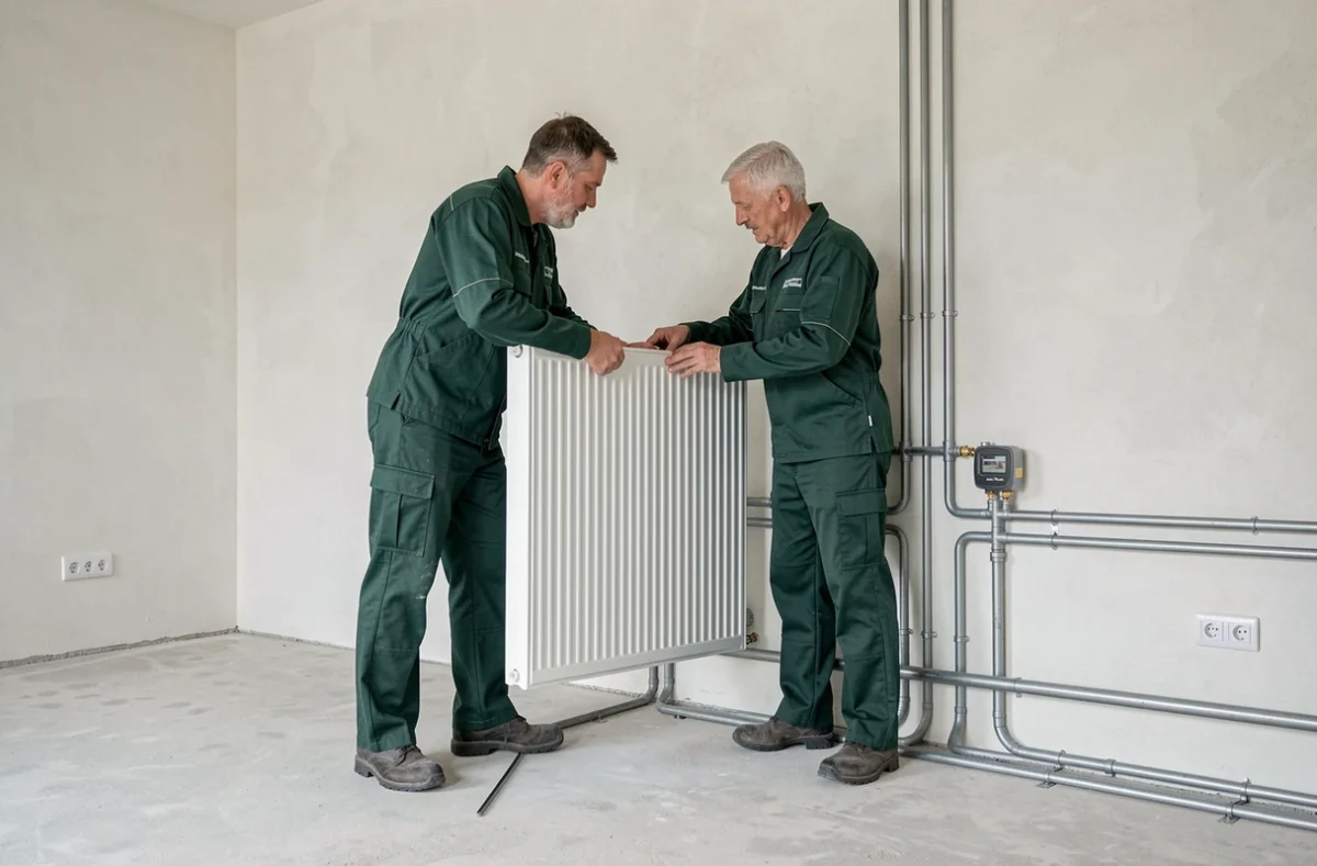 Deux techniciens Jeandel Grosdemange posant un radiateur dans une maison neuve en Franche-Comté