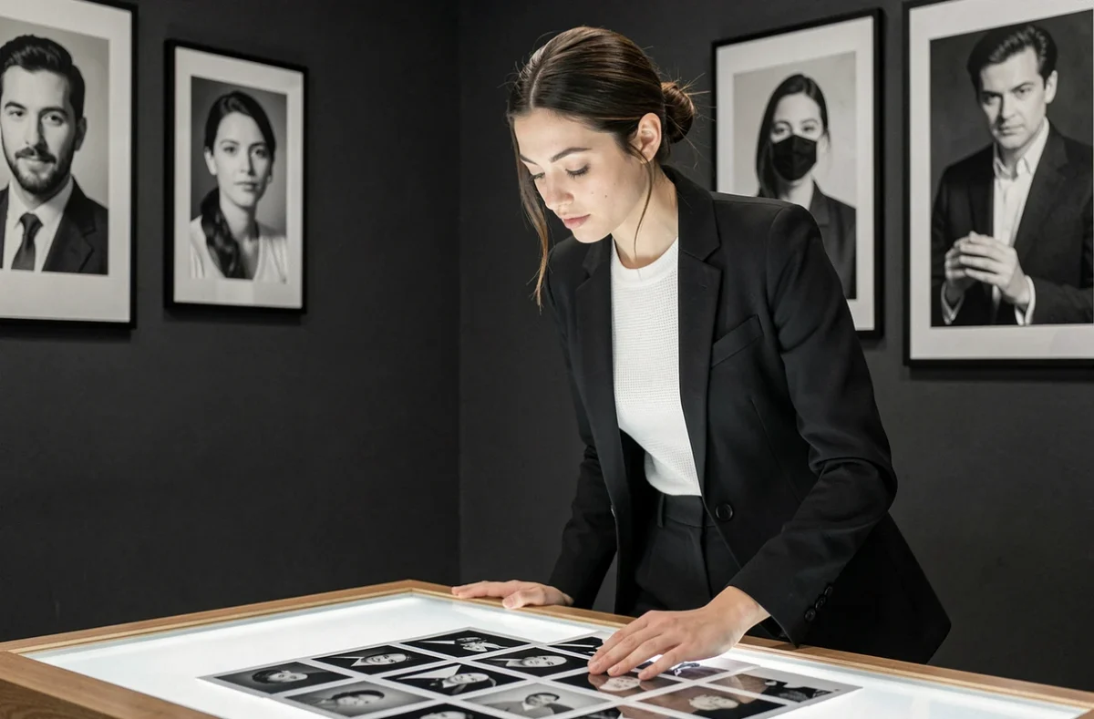 Margot Music-Noir, photographe portrait en Isère, examinant des planches contact sur une table lumineuse dans un studio élégant à Grenoble