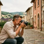 Photographe professionnel en train de cadrer une photo dans un décor typique de la Drôme avec architecture en pierre et collines en arrière-plan