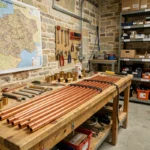 Atelier de plomberie en Bourgogne-Franche-Comté avec outils, tuyaux en cuivre et carte régionale