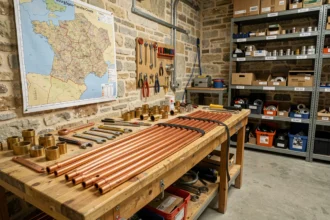 Atelier de plomberie en Bourgogne-Franche-Comté avec outils, tuyaux en cuivre et carte régionale