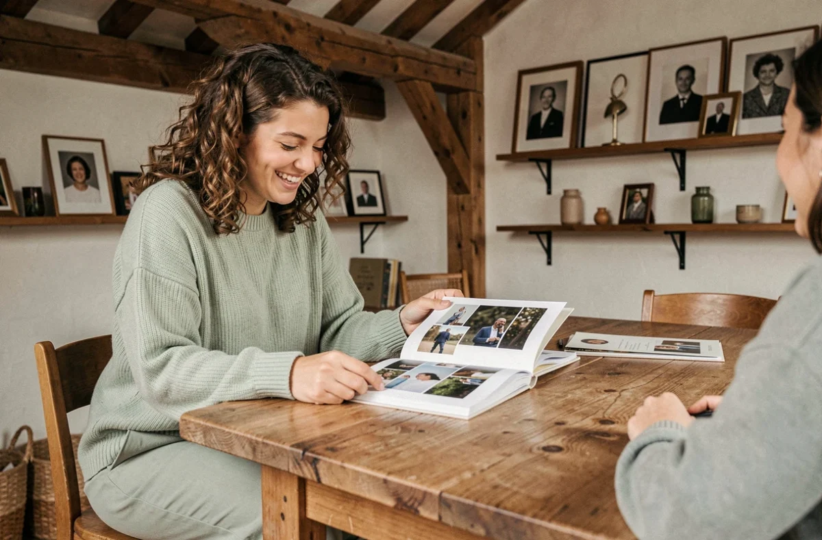 Moments To Mean, photographe portrait en Essonne, partageant un album avec une cliente dans son studio cosy