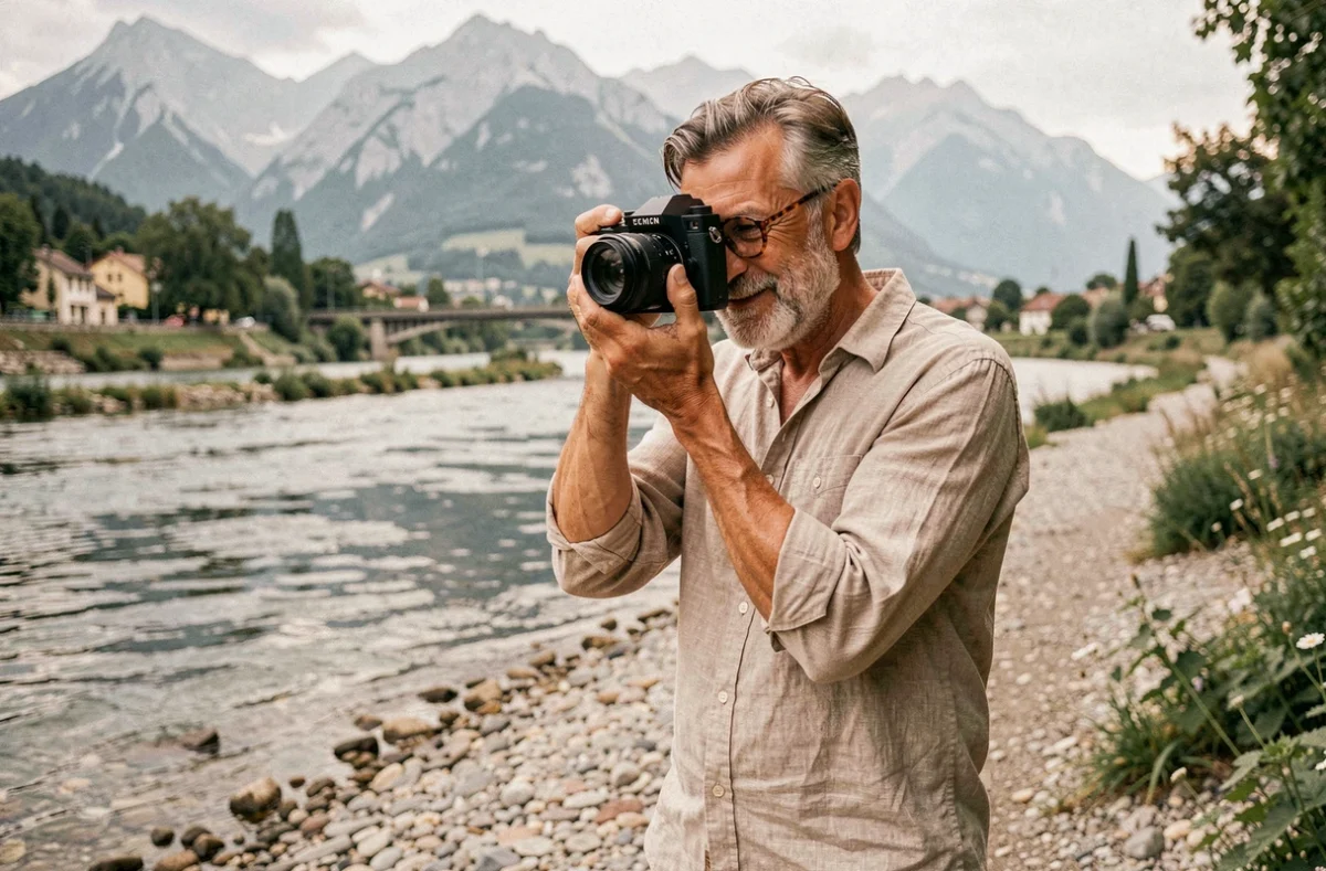 Pepe Langlois, photographe portrait en Isère, capturant des portraits en extérieur au bord de l'Isère avec le massif du Vercors en arrière-plan
