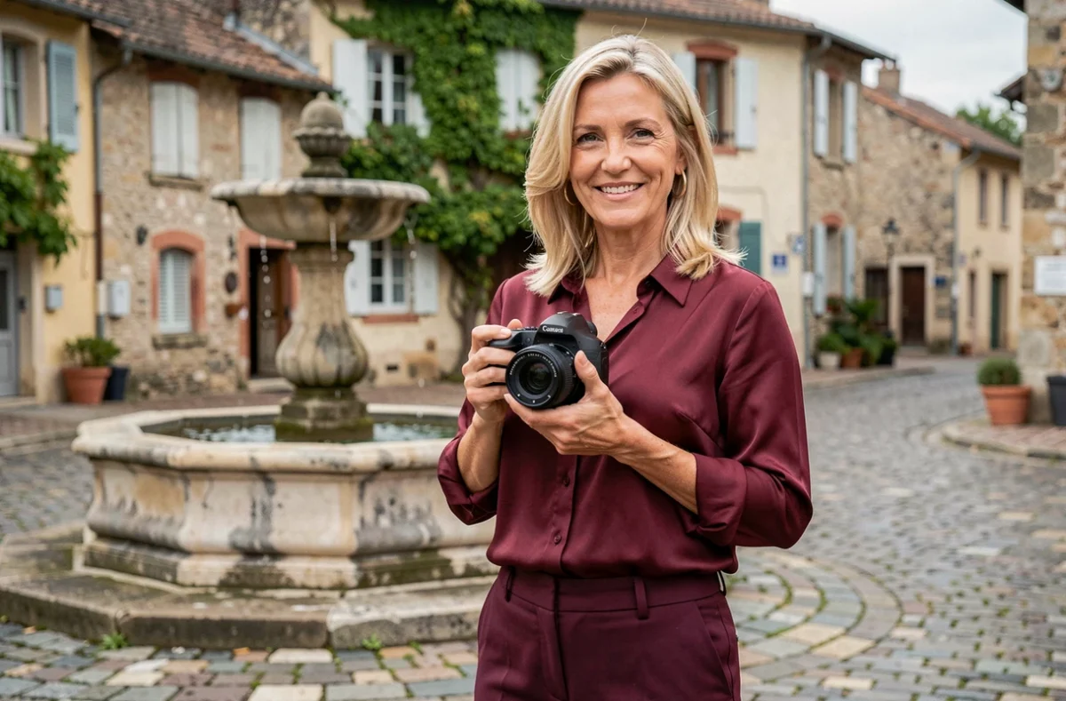 Photographe Christelle, photographe portrait en Essonne, posant dans un village pittoresque de la région