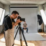 Photographe portrait professionnel en studio à Grenoble, Isère, réglant son appareil photo face à un sujet flou en arrière-plan