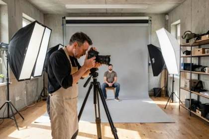 Photographe portrait professionnel en studio à Grenoble, Isère, réglant son appareil photo face à un sujet flou en arrière-plan