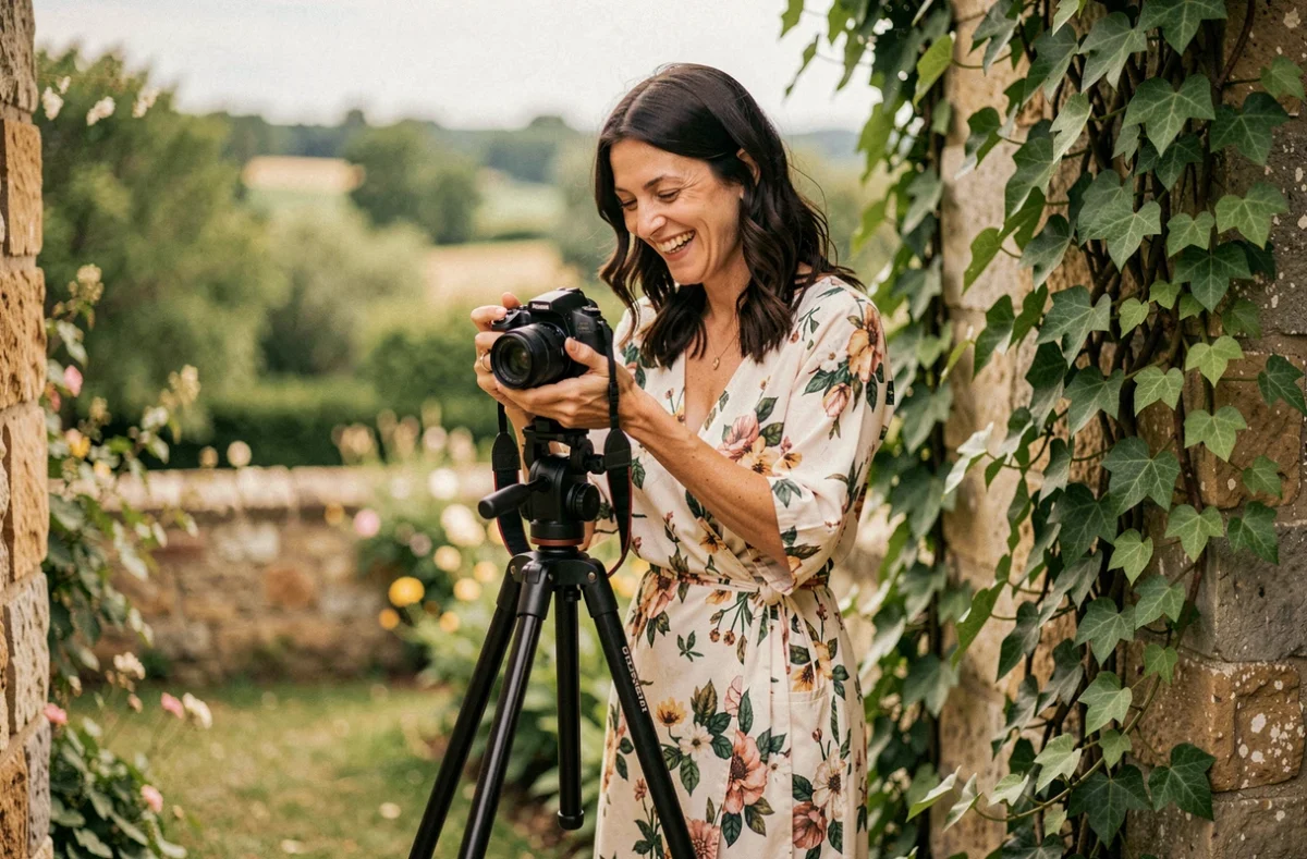 Raphaëlle Fava, photographe portrait en Essonne, photographiée dans un jardin verdoyant avec son appareil