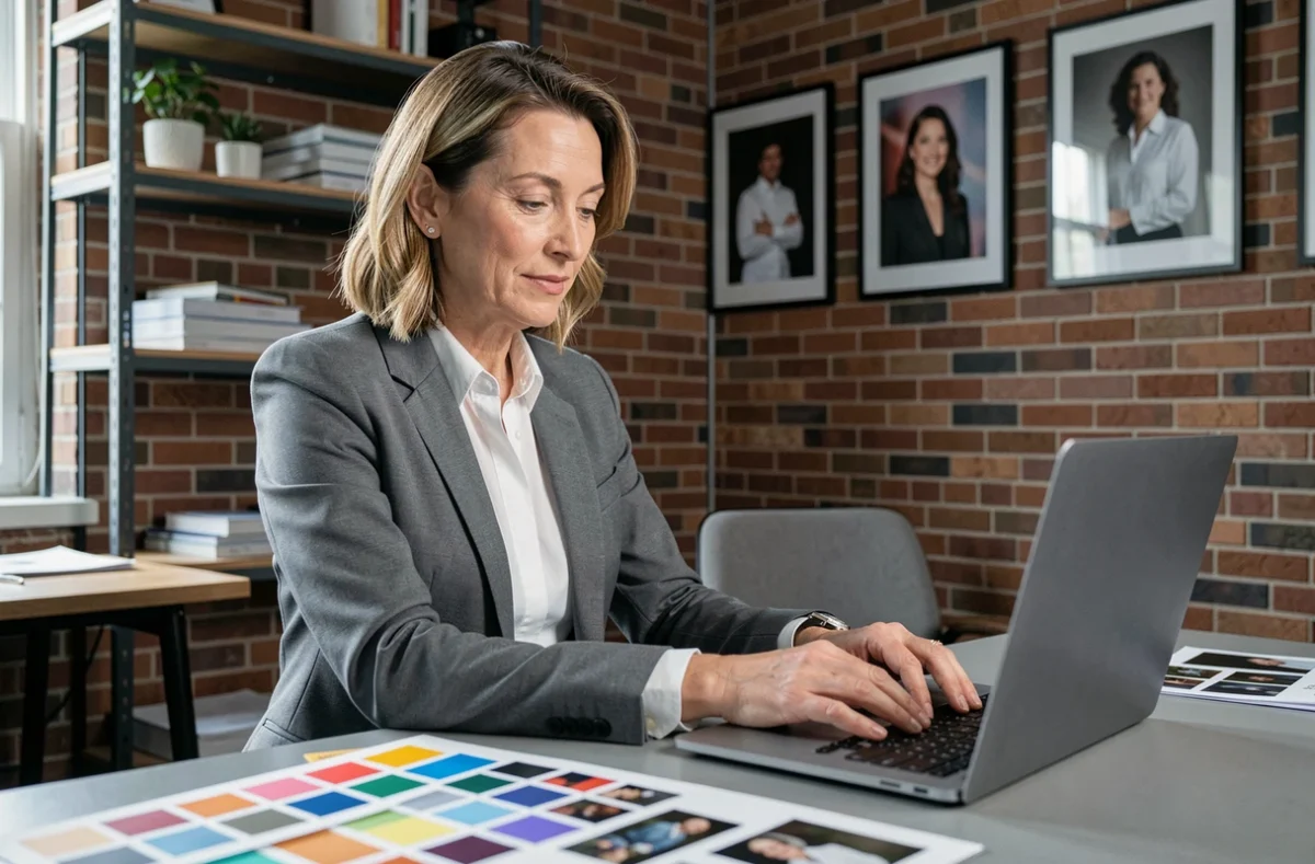 Sarah Steck, photographe portrait à l'Essonne, travaillant sur ses retouches dans un atelier moderne