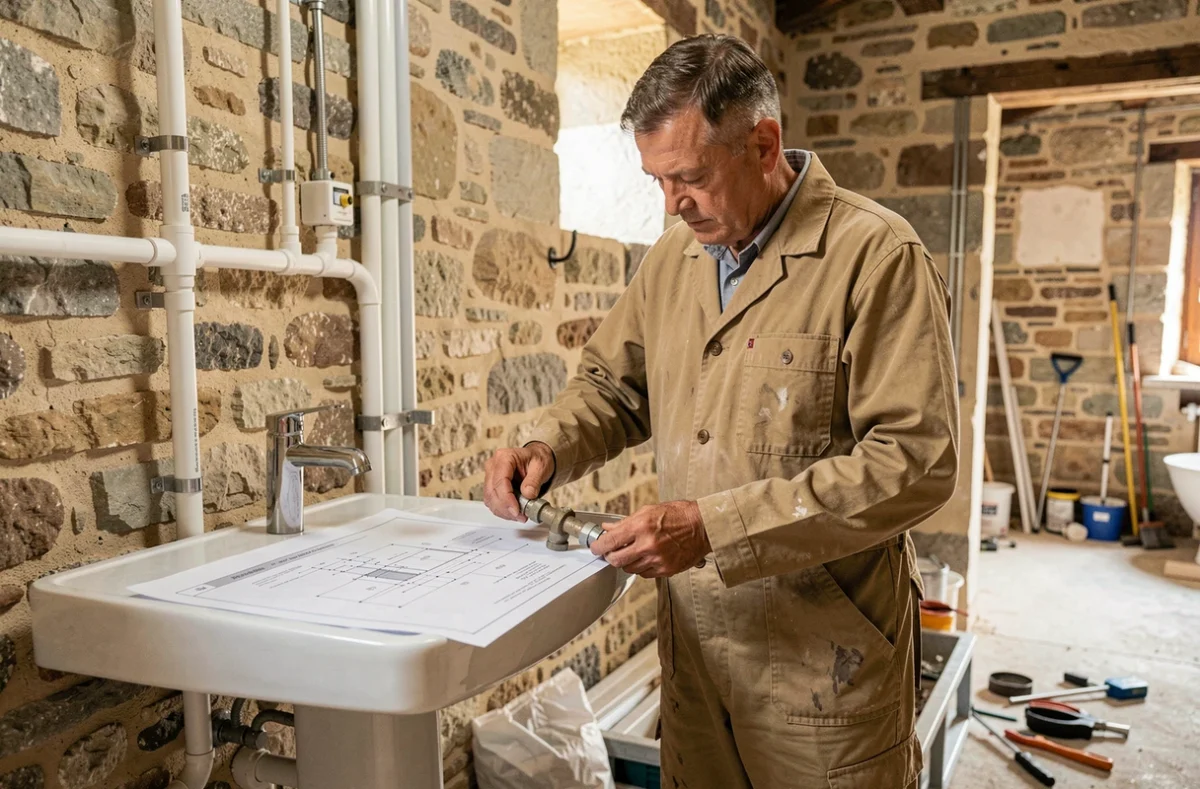Plombier Jean-Marie Daval consultant un plan technique dans une salle de bain en rénovation en Franche-Comté