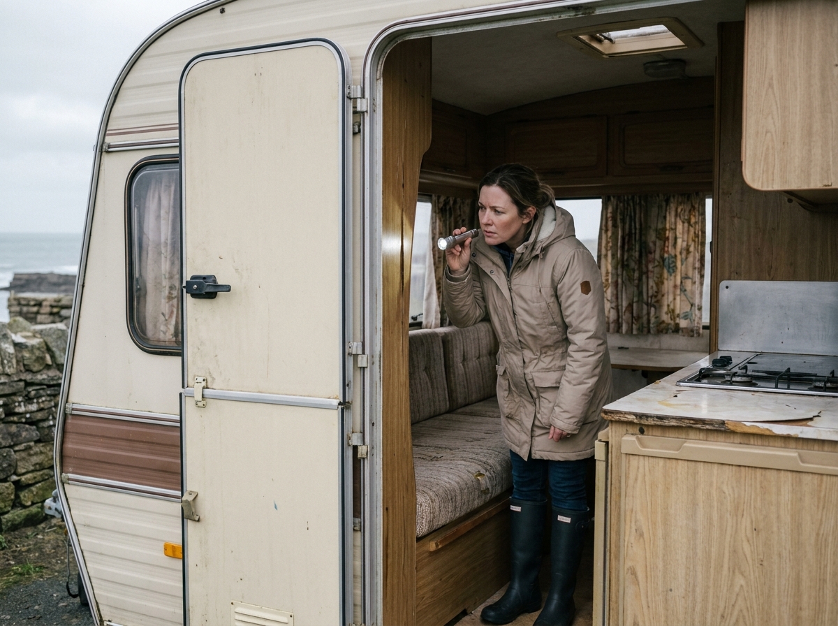 Femme vérifiant l'intérieur d'une caravane d'occasion chez un vendeur breton