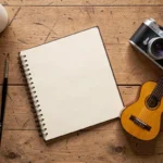 Bureau en bois avec carnet, pinceau, guitare et appareil photo